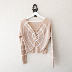 FCT Cropped Twist Front Knit Sweater Medium Beige White Stripe Boho Long Sleeve